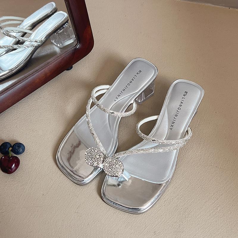 

Туфли-мюли женские юбка средний каблук сандалии 2025 новый летний уличные тапочки отпуск пляжная обувь 40 серебряный