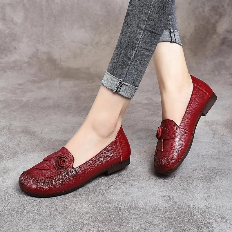 Spring Summer Ethnic Style Genuine Leather Shoes Women&Amp;#39;S Flat Soft Comfortable Slip On Loafers Flower Mother Shoe
