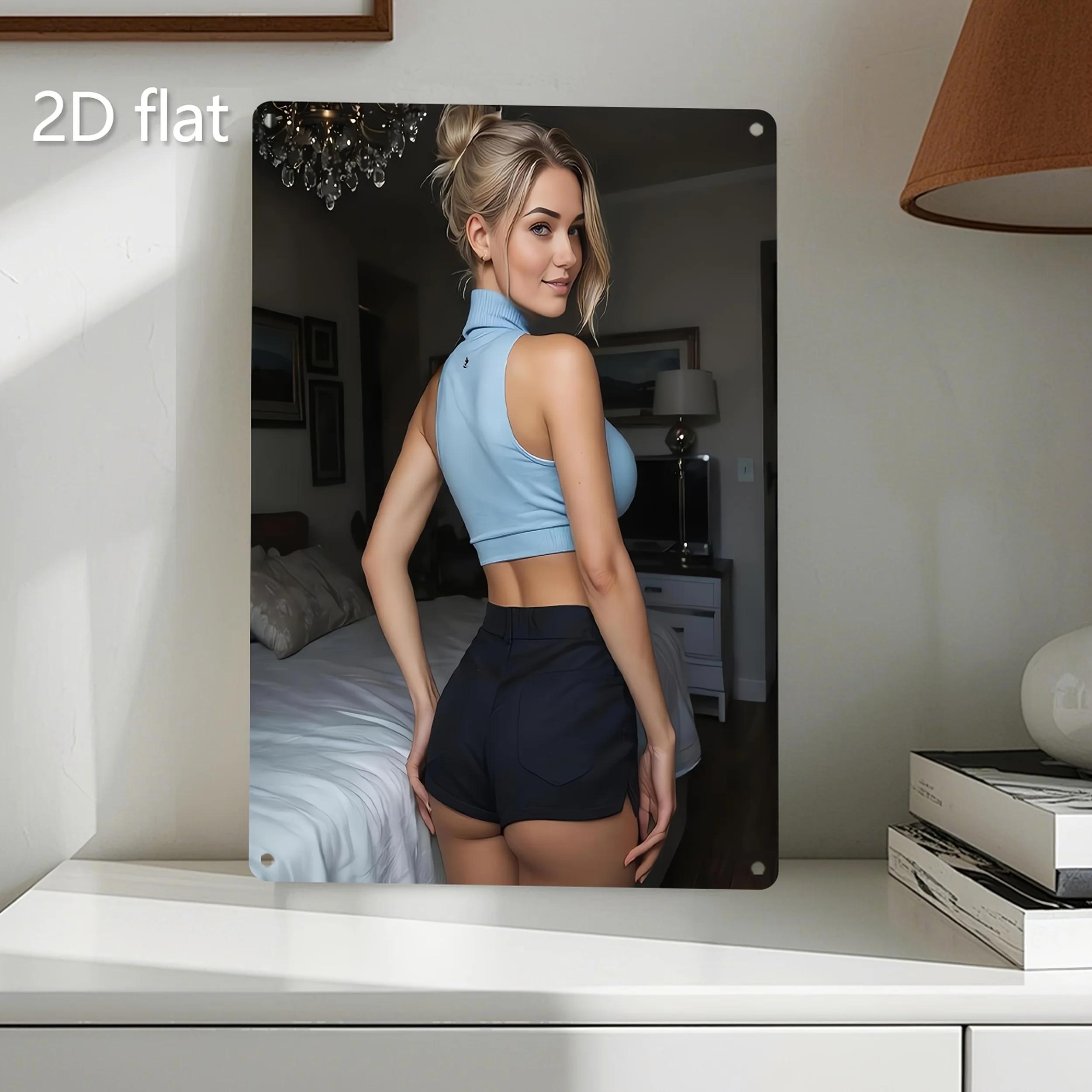 

2D Flat Tinplate Metal Wall Art, Vintage Lady Blue Shirt Black Shorts, Weather-Resistant Iron Plaque for Home Garden Decor 20x30cm（7.8x11.8inch）