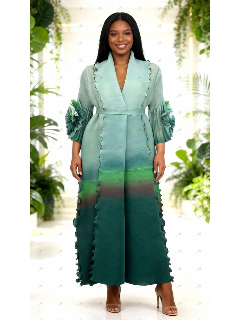 Miyake Women's Tie-Waist Gradient Ruffled Long Coat and Skirt Set - Ideal for Spring and Autumn