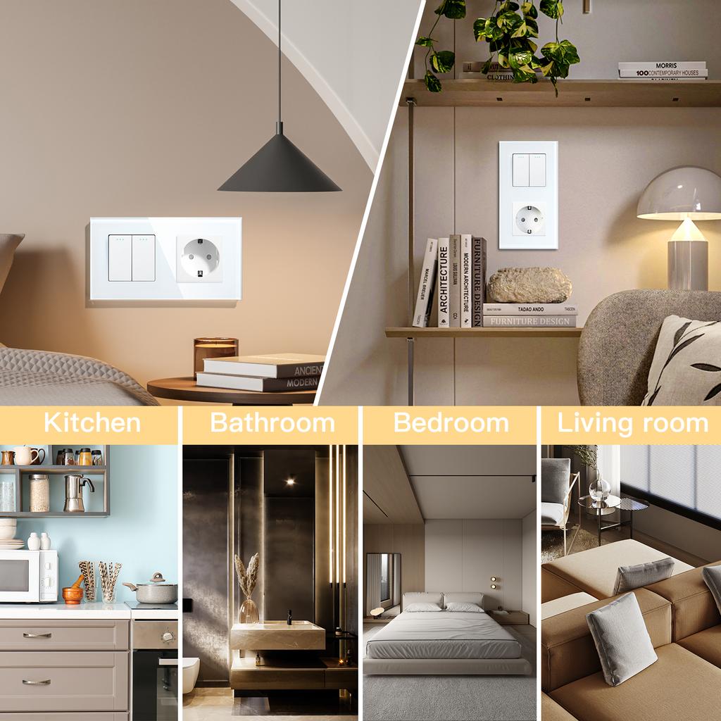 BSEED 1/2/3-fach Wandschalter 2-Wege Treppenlichtschalter Plus Typ-C USB-Steckdose EU-Standard Glaspanel