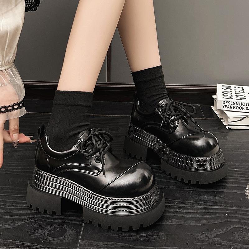 Muffin Sole Personalized Big Head Low-top Shoes 2025 Spring New Thick-soled Thick Heel Lace-up Casual Small Leather Shoes Loafers