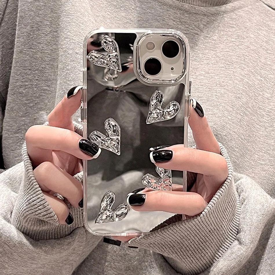 Shining Mirror 3D Heart Case for iPhone 11 12 13 14 15 Pro Max 7 8 Plus SE  15Pro X XR XS MAX Hard Shockproof Phone Cover