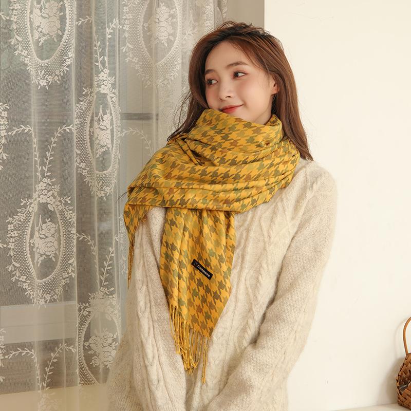 Cashmere Scarf Women's Winter Warm Fringed Shawl Men's Autumn and Winter Wool Scarf Imitation Cashmere Houndstooth Scarf