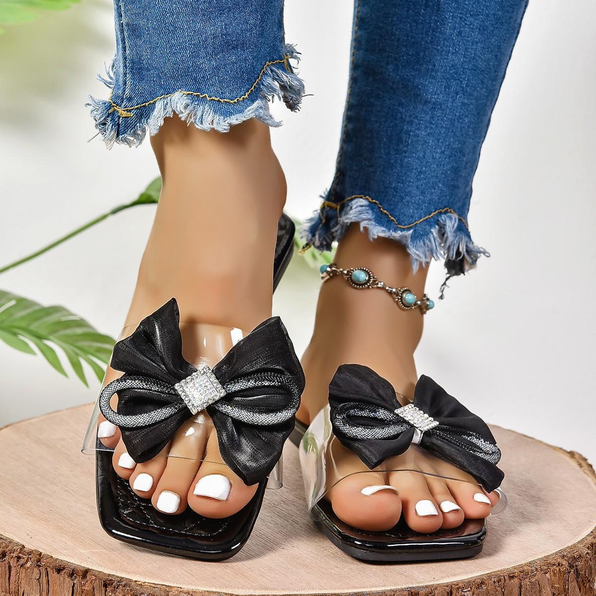 

Новые весенние и осенние босоножки на каблуке с бантом женская одежда модные женские тапочки носить односложные босоножки прилив 36 чёрный
