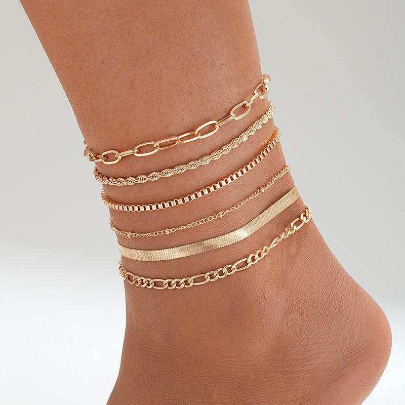 

6Pcs/Set Gold Color Twisted Cuban Chain Anklet Set For Women Fashion Summer Colorful Zircon Anklet Beach Party Jewelry Gifts New