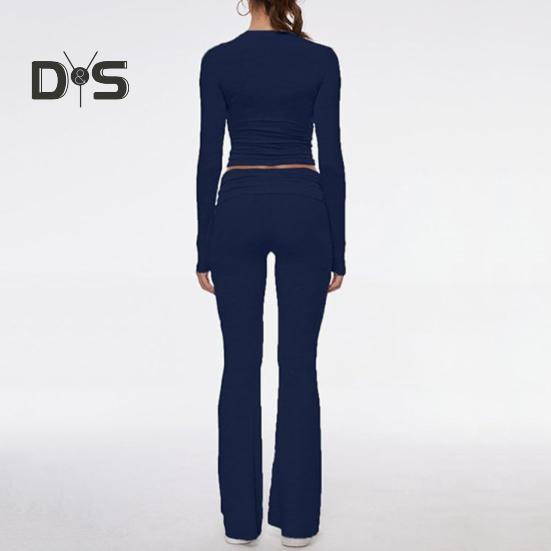 2 Pcs/Set Women Top Pants Suit Skinny High Waist O Neck Long Sleeves Pure Color Stretchy Soft Breathable Yoga Bell Bottoms T-shirt Set Spring Summer