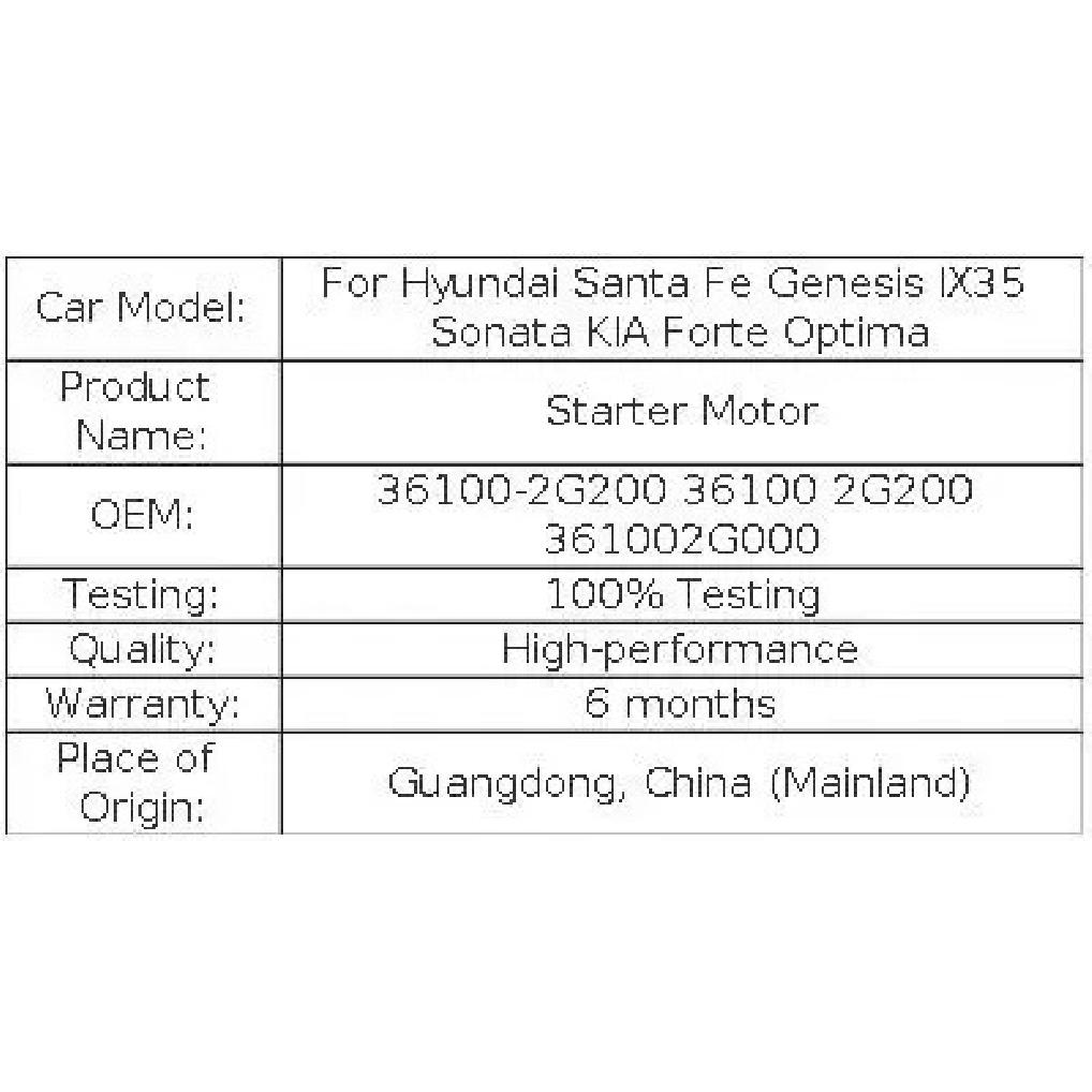 For Hyundai Santa Fe Genesis IX35 Sonata KIA Forte Optima Starter Motor 36100-2G200 36100 2G200 361002G000