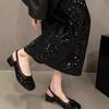 French Bag Head Shallow Mouth Mary Jane Shoes 2025 New Sequined Fairy Style Thick Heel Pedal Sequined Cool Slippers Woman