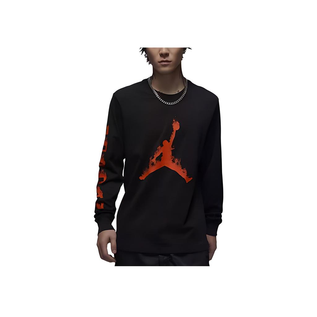 Jordan Logo Print Knit Crew Neck Pullover Long Sleeve T-Shirt Men Tops Black Team-Orange FZ1990-010