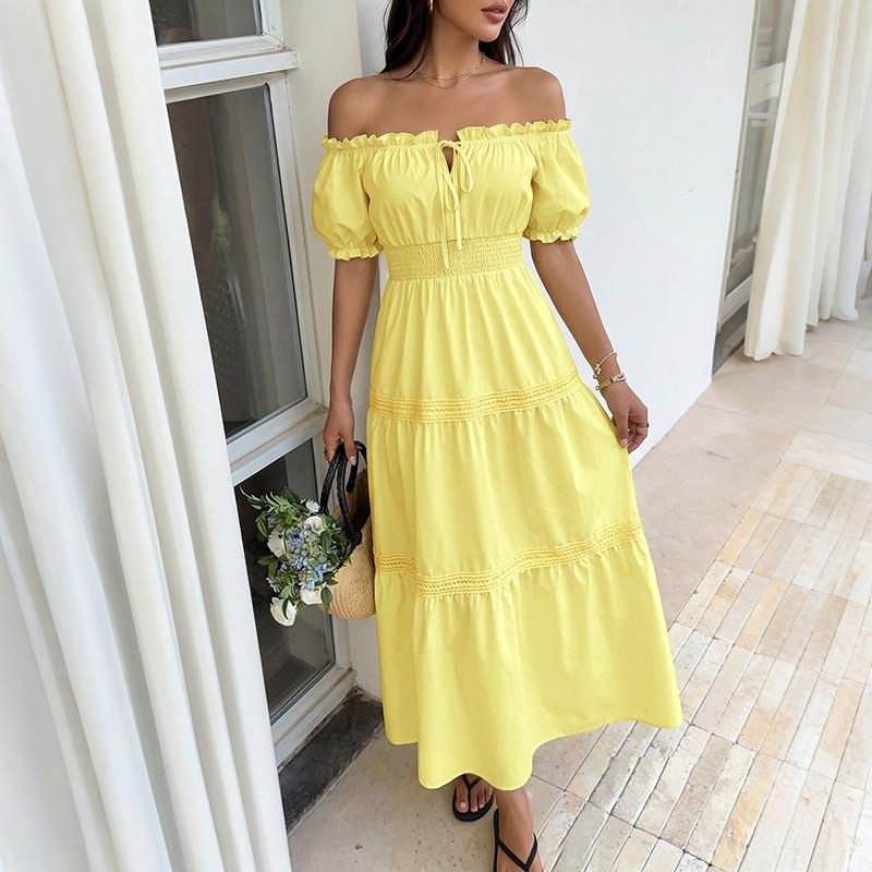 Women's Fashion Summer Spring Solid Color Print Short Sleeve One Shoulder High Waist Casual Dresses