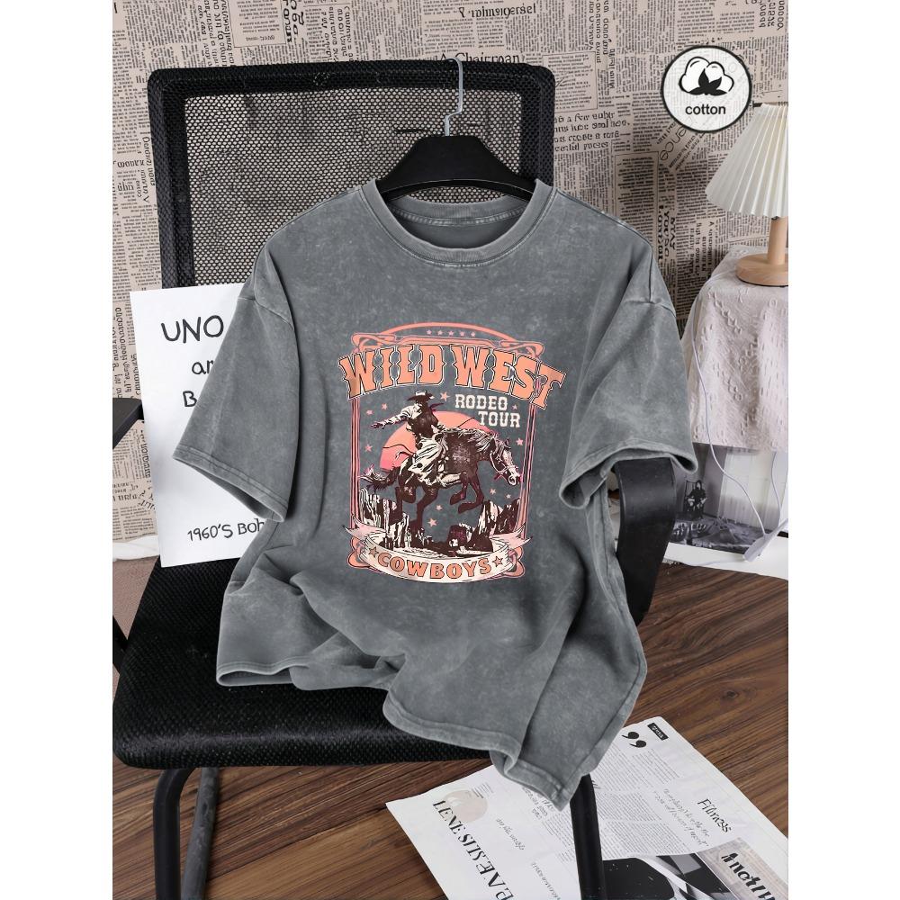 Wild West Cowboys Print Snow Wash Women Tee Shirts Summer T Shirt Casual Washed Clothes Cotton Oversized Short Sleeves