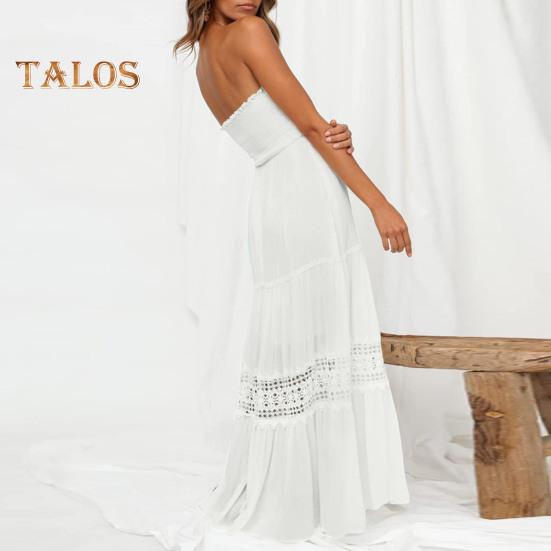 Women's Off Shoulder Maxi Dress Summer Smocked Lace Trim A Line Swing Dress Boho Strapless Flowy Beach Sundress