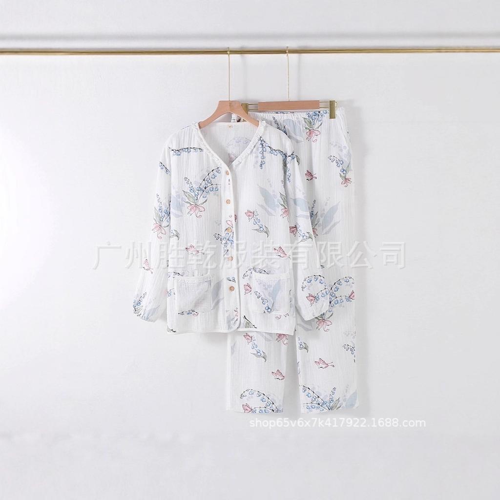 New pajamas women's pure cotton gauze double-layer crepe thin long-sleeved spring and autumn summer collarless cotton loungewear set