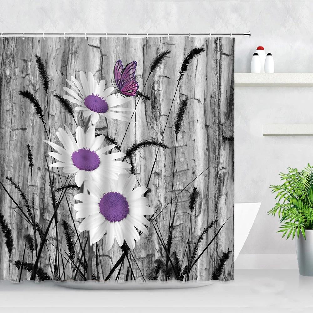 Natural Floral Shower Curtains Flowers Green Leaf Butterfly Water Color Art Nordic Modern Waterproof Bathroom Decor Curtain