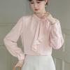 [SYitong] Women's Long-Sleeved Plain Blouse, Stylish, Washable, Collarless, White/Pink, Lined, Business/Office Wear, Cute, Popular, Perfect for Dates,