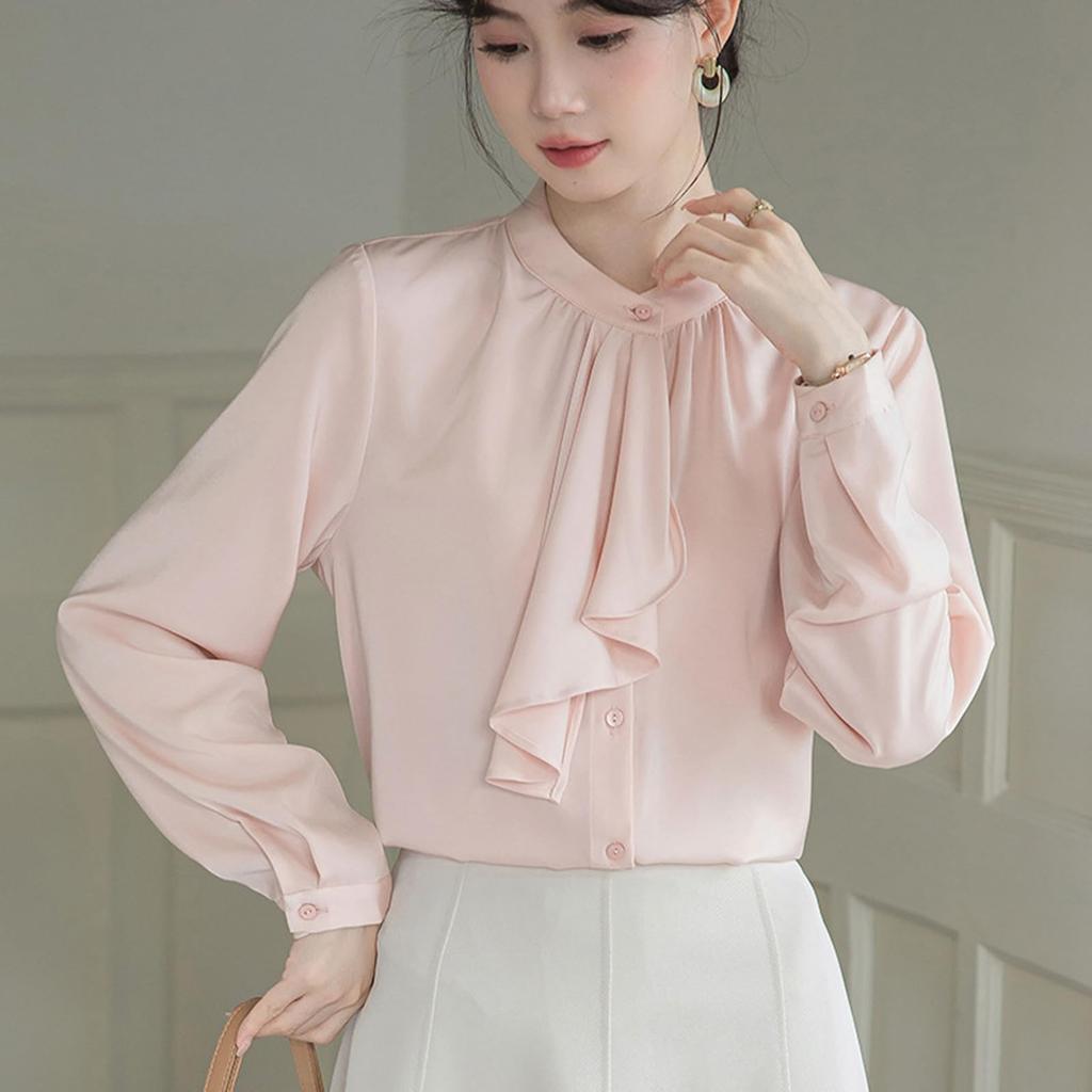 [SYitong] Women's Long-Sleeved Plain Blouse, Stylish, Washable, Collarless, White/Pink, Lined, Business/Office Wear, Cute, Popular, Perfect for Dates,