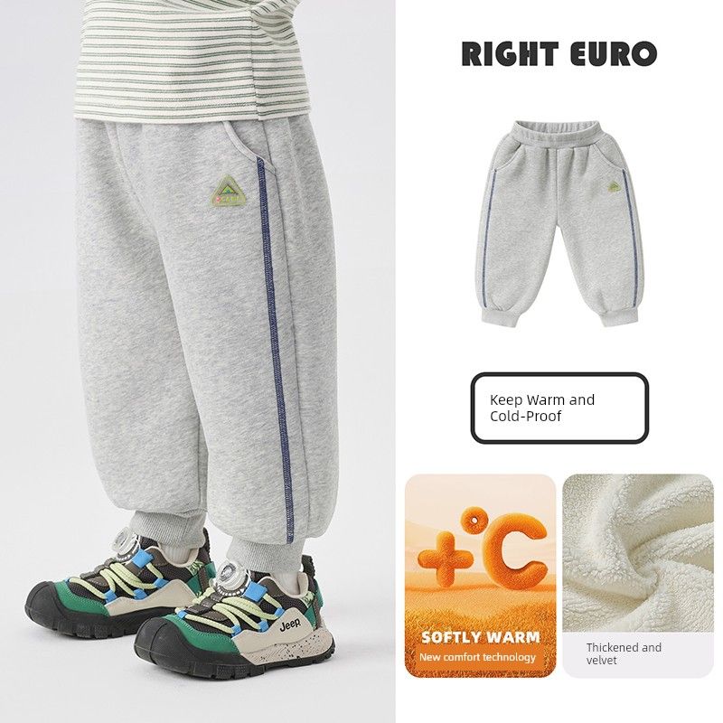 Right European Style Boys  Fleece-Lined Pants 2025 Winter New Sports Trousers Baby Knitted Sweatpants Winter Clothing Children s Wear Floral Gray(In Stock) 90