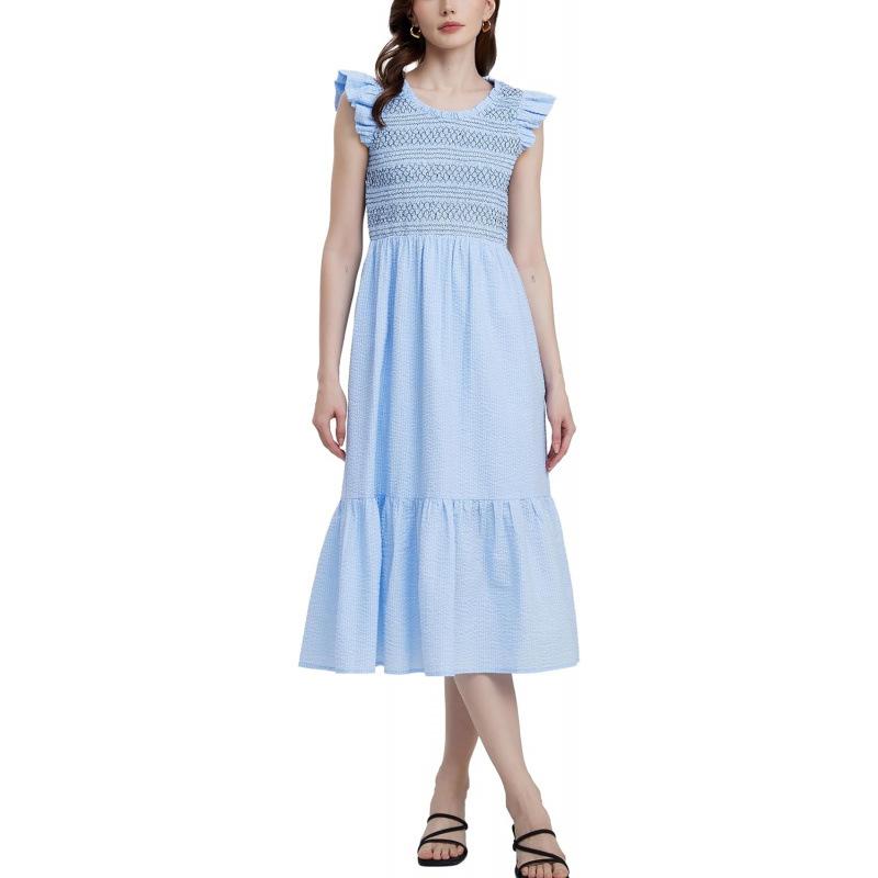 Pastoral 2026 summer embroidery pleated casual round neck high-end medium and long dress