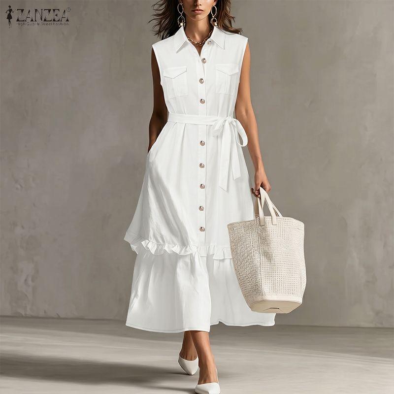 ZANZEA Women Casual Turn Down Collar Loose Sleeveless Dress