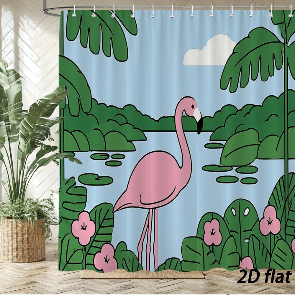 

Flamingo Shower Curtain – Modern Flat Illustration With Pink Bird, Green Leaves & Water Scene On Sky Blue Background, 12 Hooks W60H190(CM)-1 Pcs