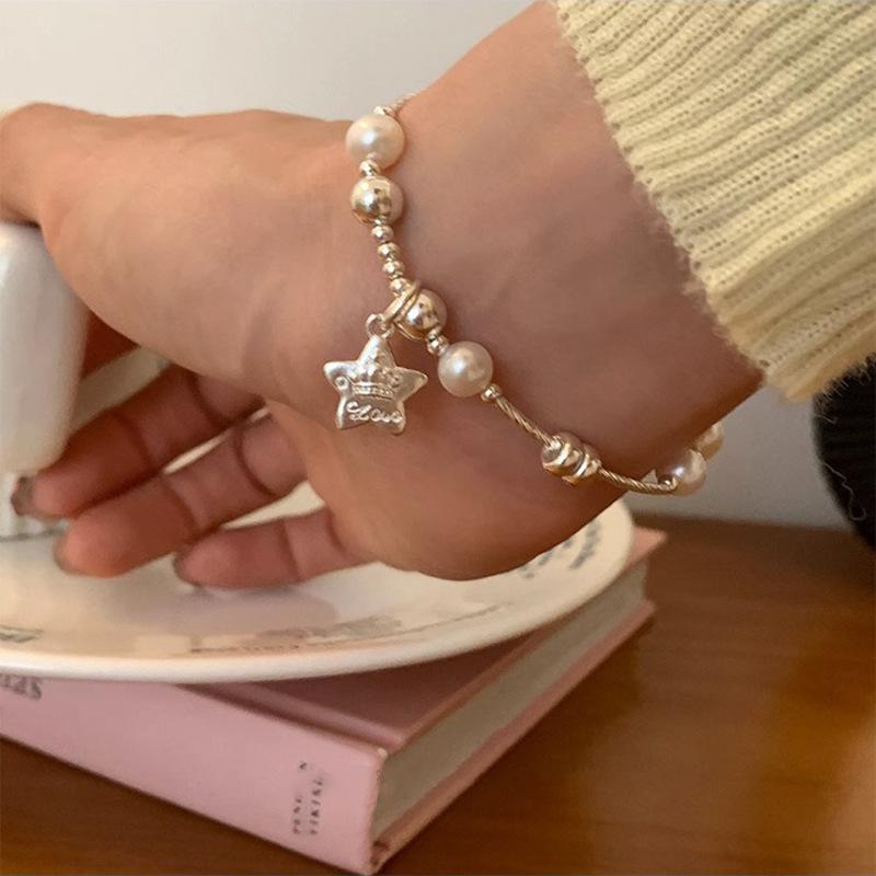 VENTFILLE 925 Sterling Silver Star Love Heart Pendant Round Bead Pearl Bracelet For Girls Sweet Romantic Style Gifts For Lovers