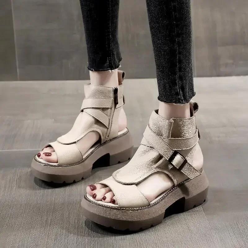 Fashion 2025 New Summer Shoes Women Sandals Retro Genuine Leather Wedges Platform Peep Toe High Heel Black