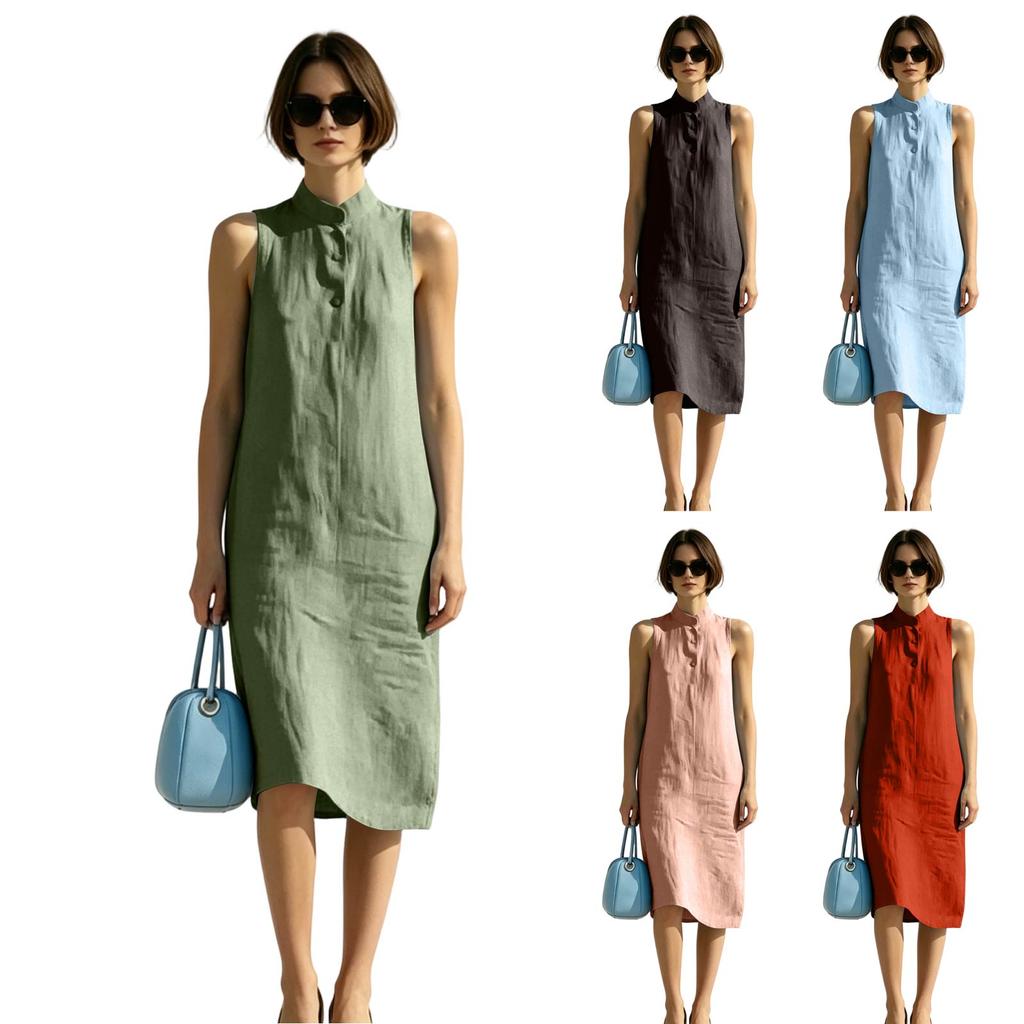 Sleeveless Loose Fit Summer Dress Midi Length Button Front Stand Collar Casual Lightweight Dress for Women