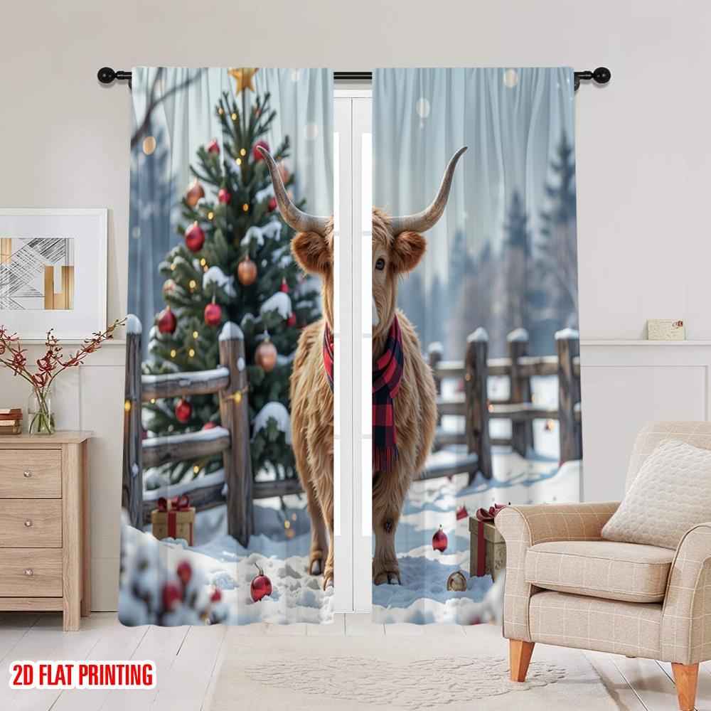 2pcs 2D Flat Printing Christmas Window Drapes Farm Christmas Scene Versatile Fabric Without Electricity Festive Holiday Perfect