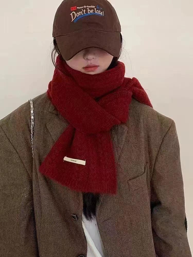 Autumn/winter knitted wool scarf for women, avocado green, Korean style, versatile warm, thickened solid color student neck warmer
