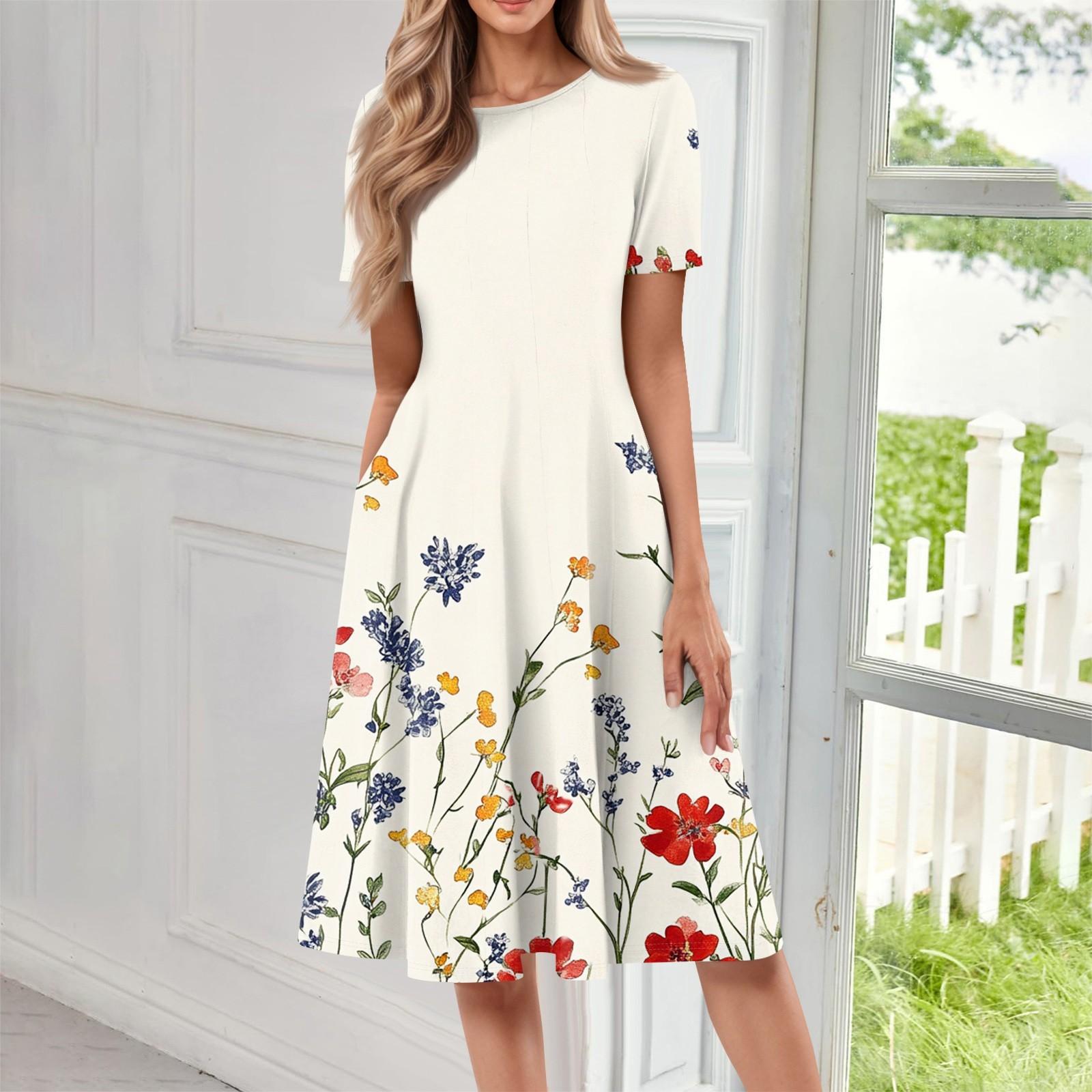 

Женское модное платье-пуловер с круглым вырезом и принтом, свободным коротким рукавом и карманом L бежевый