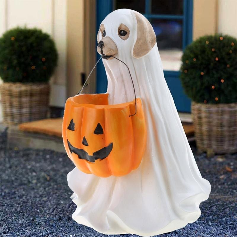 KX4B for Creative Halloween Dog for Cat Statues with Pumpkin Candy Holder Bowl Bucket Sugar Dish Resin Ornament Trick or