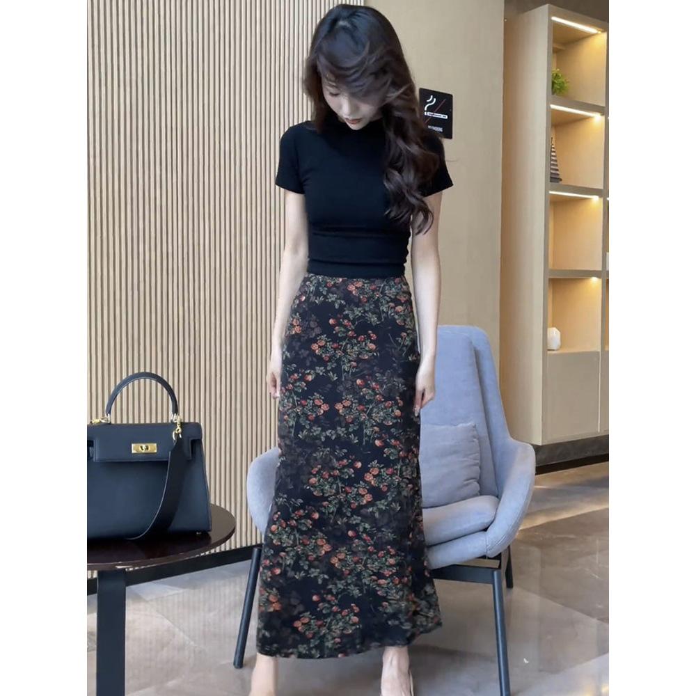 

Элегантная Ретро Цветочная Юбка Миди с Завышенной Талией для Женщин - Весна 2025 Облегающий Дизайн с Разрезом XL 62-67 kg цветочный