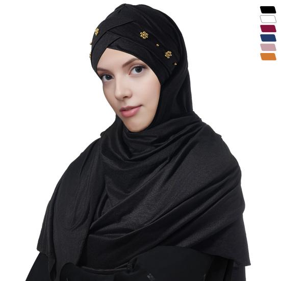 Headscarf Hat with Bright Bead Pleated Design Solid Color Shawl