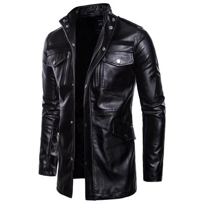 Jaqueta de Couro Masculina de Tamanho Médio a Longo Com Gola Alta e Múltiplos Bolsos Para Jaqueta de Couro de Motocicleta PY093 Para