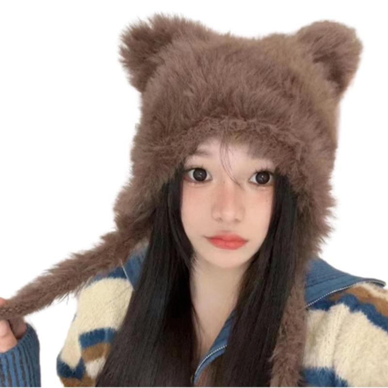 Winter Warm Plush Hat for Women Funny Bear Ear Hat Hooded Skull Hat Outdoor Activity Cap Windproof Headwear Pullover Hat