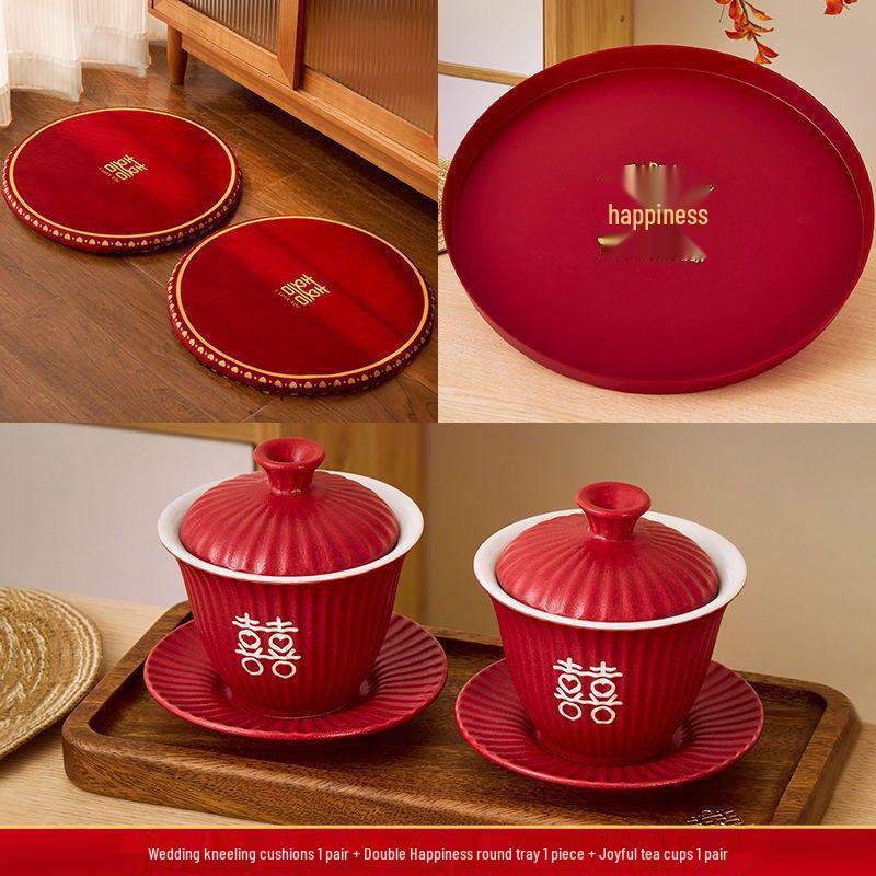 Red Wedding Kneeling Cushions for Tea Ceremony and Bride's Address Change - Complete Cotton Set.