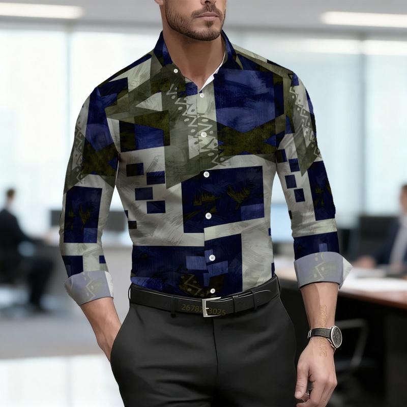 Men's Shirt, Ethnic Style Diamond Shaped Geometric Printed Long Sleeved Shirt, Business Casual Spring and Autumn Collar Shirt