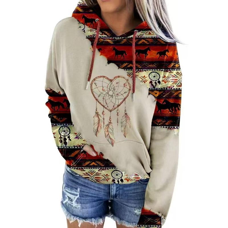 Women S Casual Ethnic Tribal Print Hooded Long Sleeve Sweatshirt