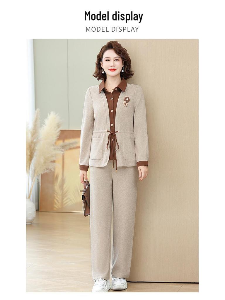 Hengyuanxiang Women's Two-Piece Spring & Autumn Fashion Set 2025 - Stylish Top for Middle-Aged and Elderly