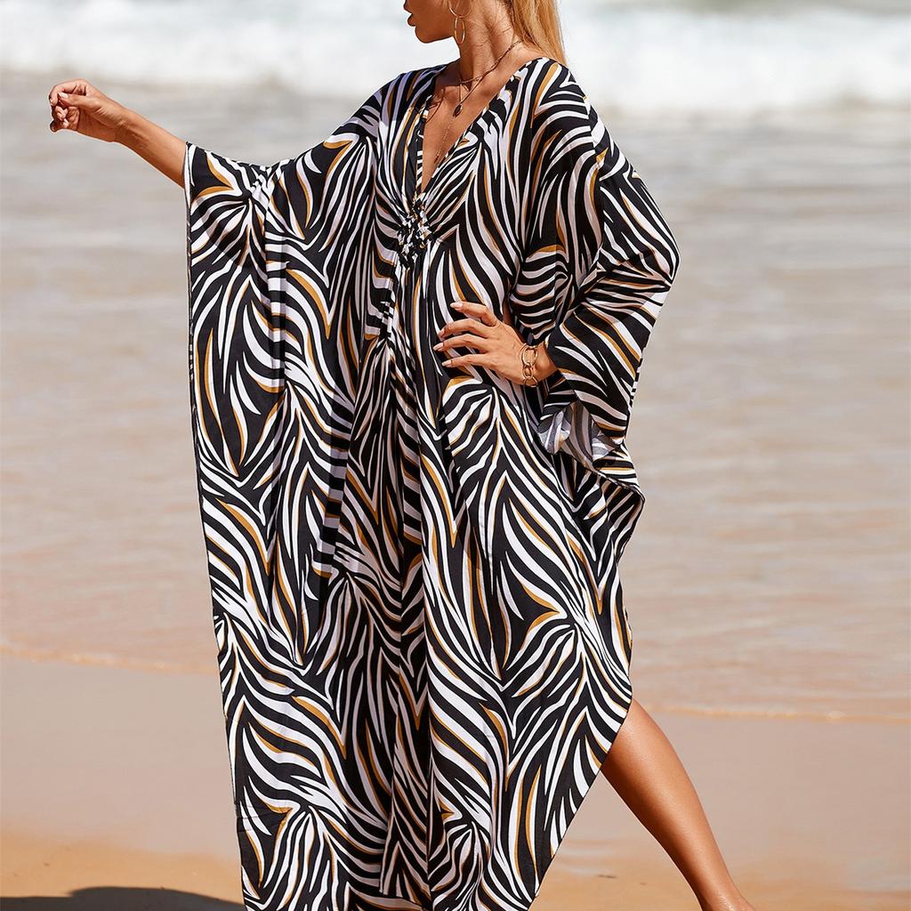 Women's Fashion Vacation Summer Spring Zebra Print Long Sleeve V-Neck Casual Dresses