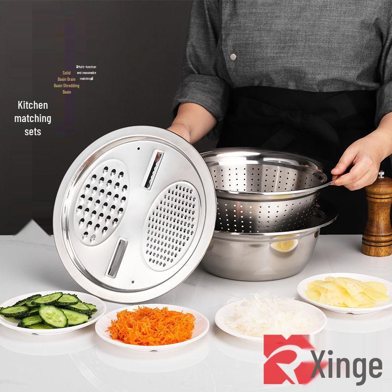 Multifunctional Stainless Steel Grater Bowl: Vegetable Slicer, Colander, and Rice Rinsing Strainer