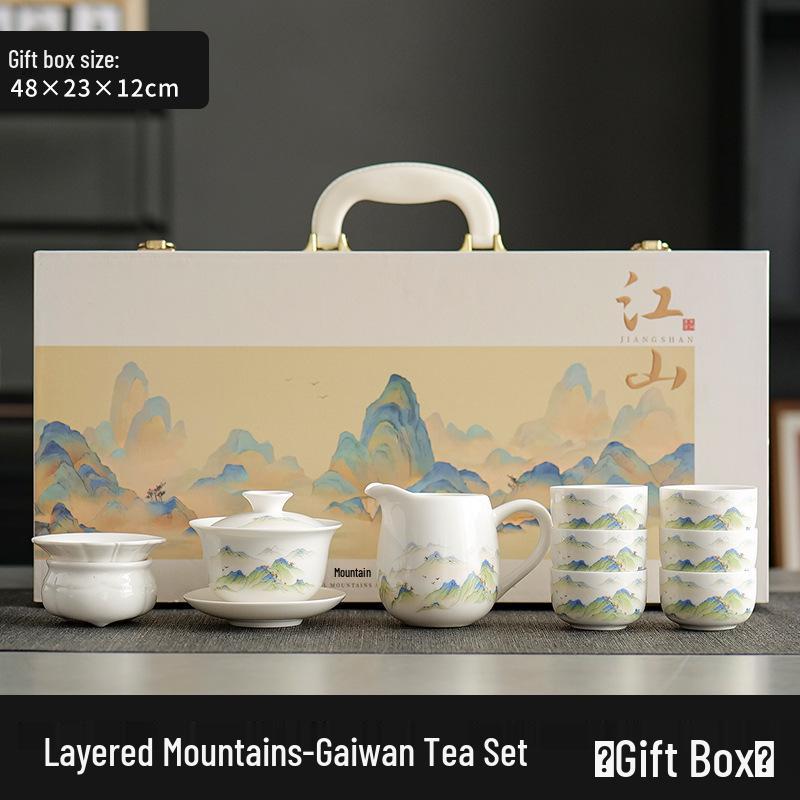 Mutton Fat Jade Kung Fu Tea Set with White Porcelain Teacups - 2025 Gift Box for Elders Souvenir