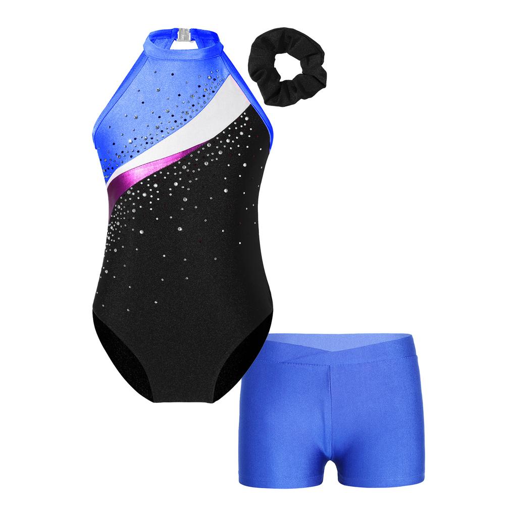 Mädchen ärmellos Strasssteine Patchwork Trikot Haarreif V-Ausschnitt Bundshorts Tanz Gymnastik Set