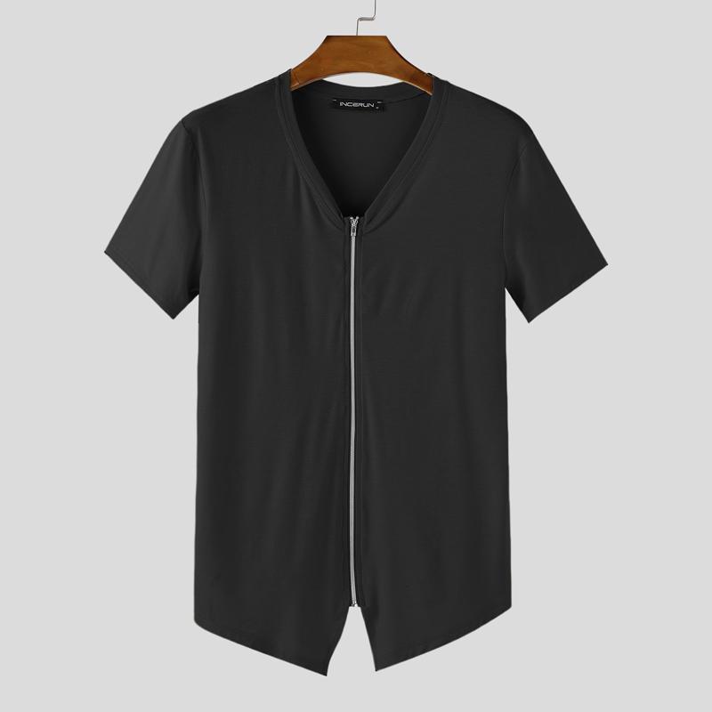 

INCERUN Men V Neck Zipper Short Sleeve Irregular Casual Fitted T-shirts XL чёрный