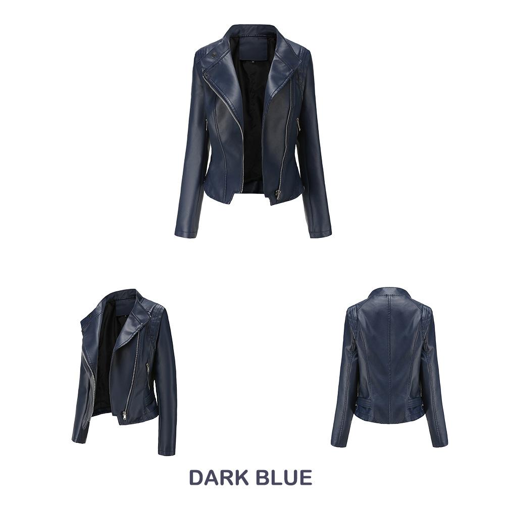 Women Lapel Collar Spring Autumn Solid Color Long Sleeve PU Leather Jacket S-3XL