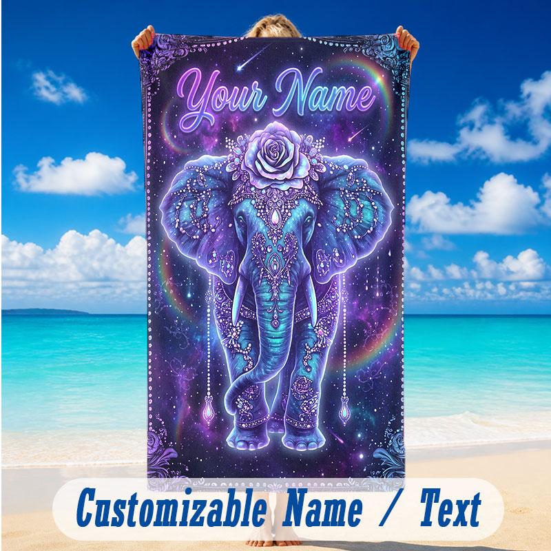 Elephant Theme Beach Towel Personalized Custom Name & Text Soft Quick Dry Beach Towel for Swimming Travel