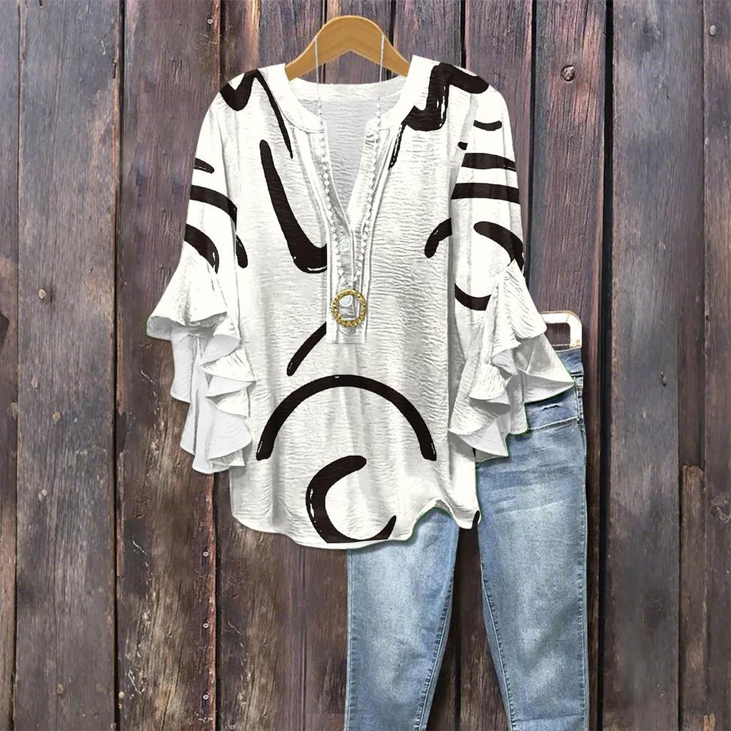 Women's Fashion Casual Button V-Neck Seven Sleeve Vintage Printed Shirt Top