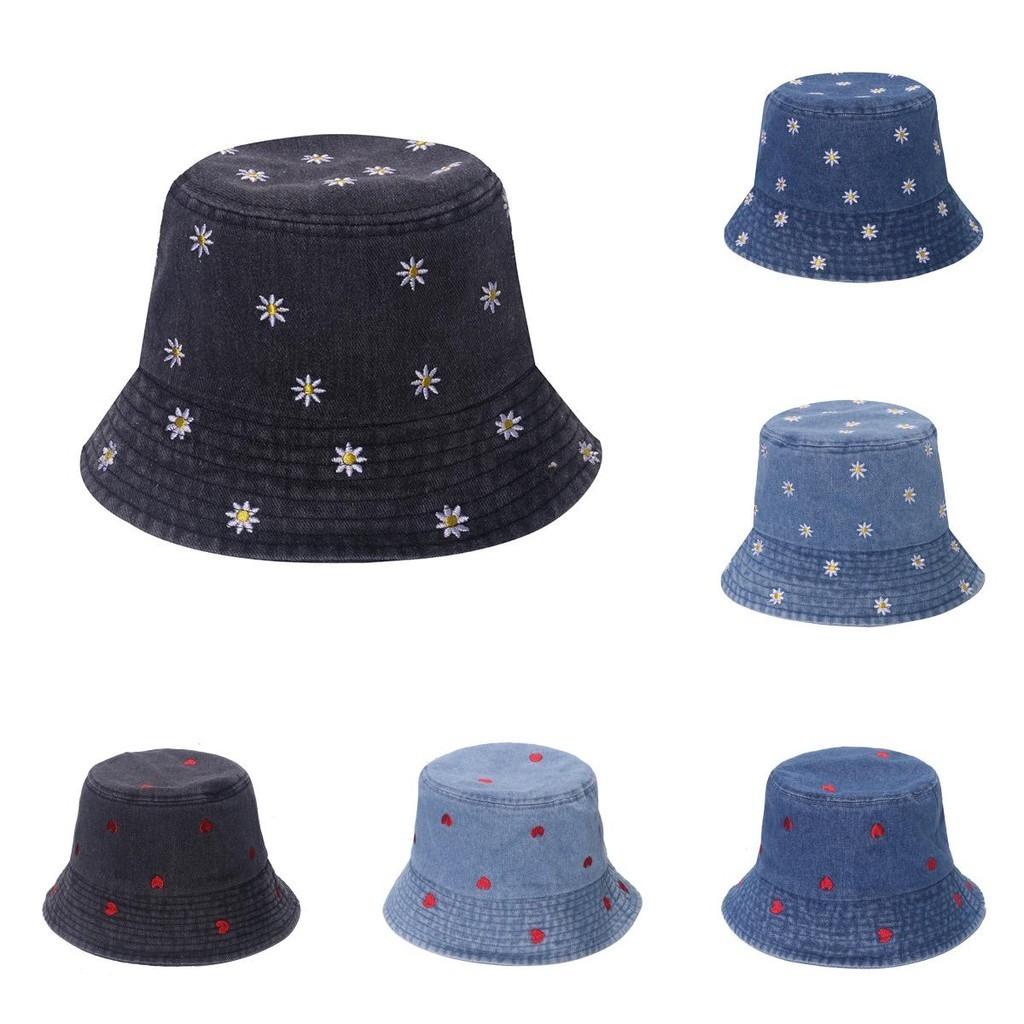New Spring Summer Floral Embroidered Fisherman Hat Women Korean Style Sun Hat Cute Black Blue Flower