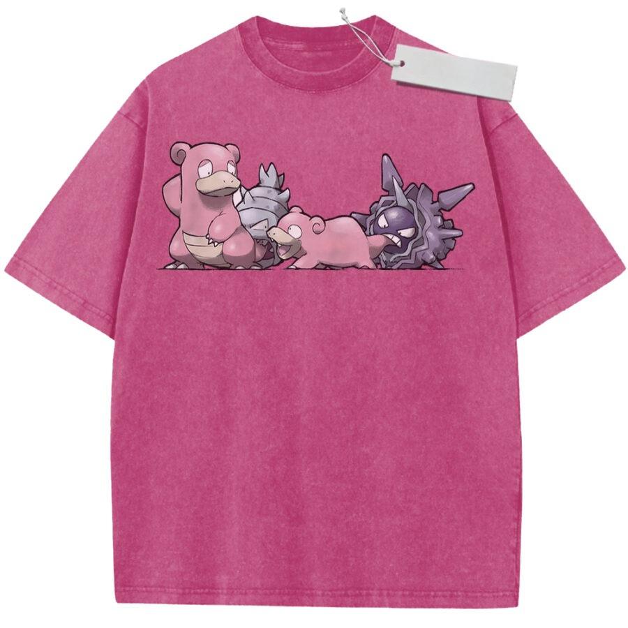 Unisex Washed Pink Vintage Tshirt Pokemon Slowbro Slowpoke Shellder Highquality Fabric for Home Leisure Travel Shopping
